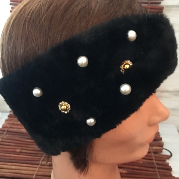 Black Faux Fur Headband Turban Bejeweled - Picture 4 of 6